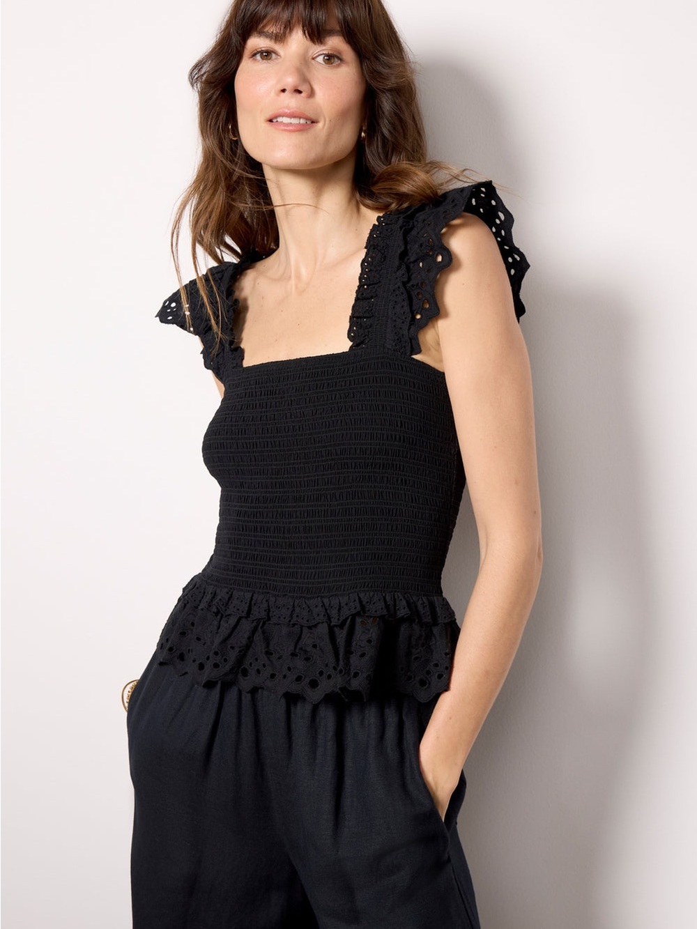 Evereve Black Smocked Tank Top with Eyelet Ruffle Straps